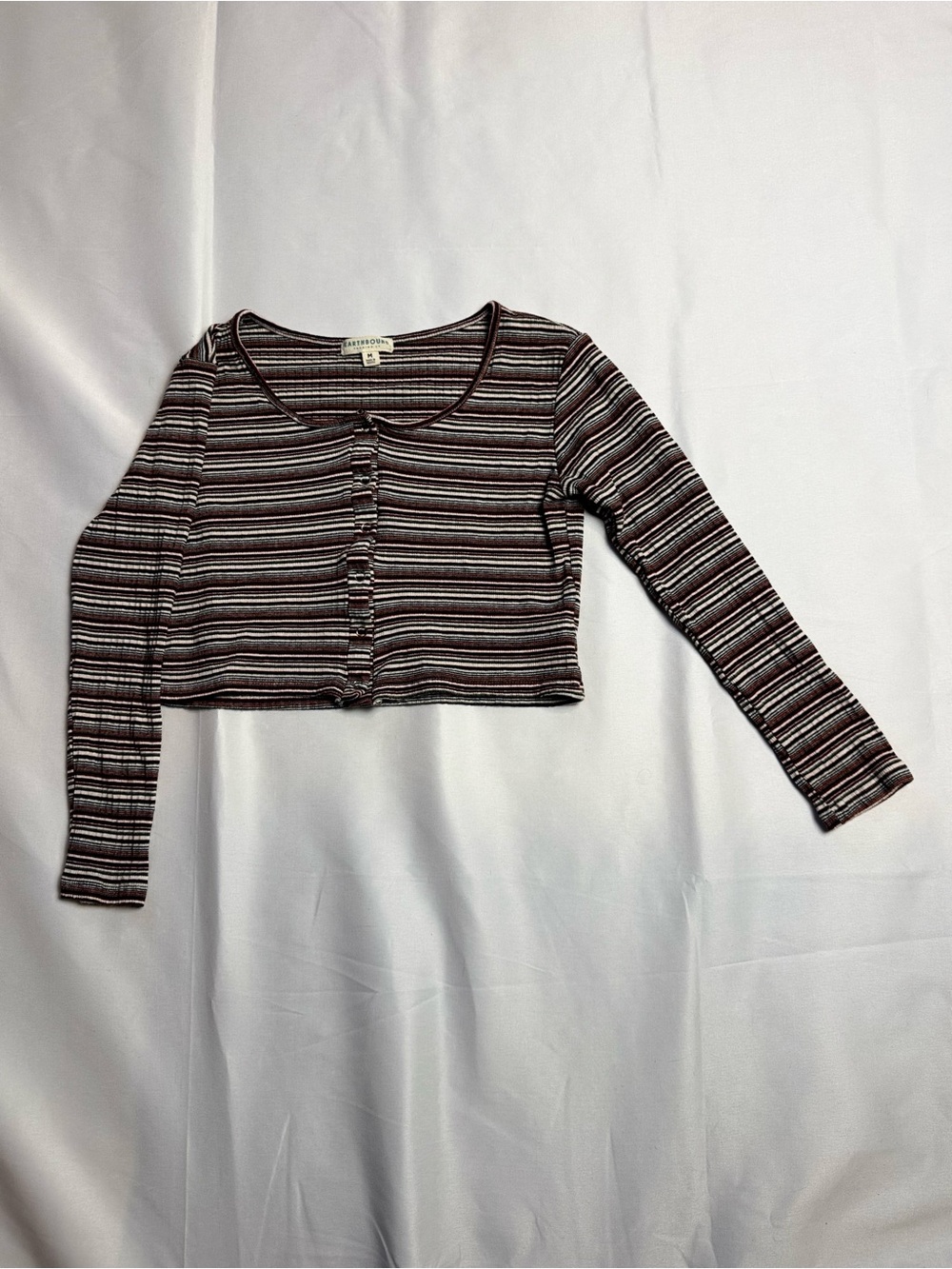 EARTHBOUND Brown Striped Cropped Button-Front Long Sleeve Top